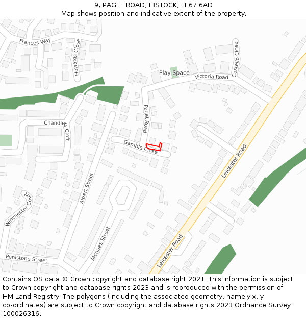 9, PAGET ROAD, IBSTOCK, LE67 6AD: Location map and indicative extent of plot