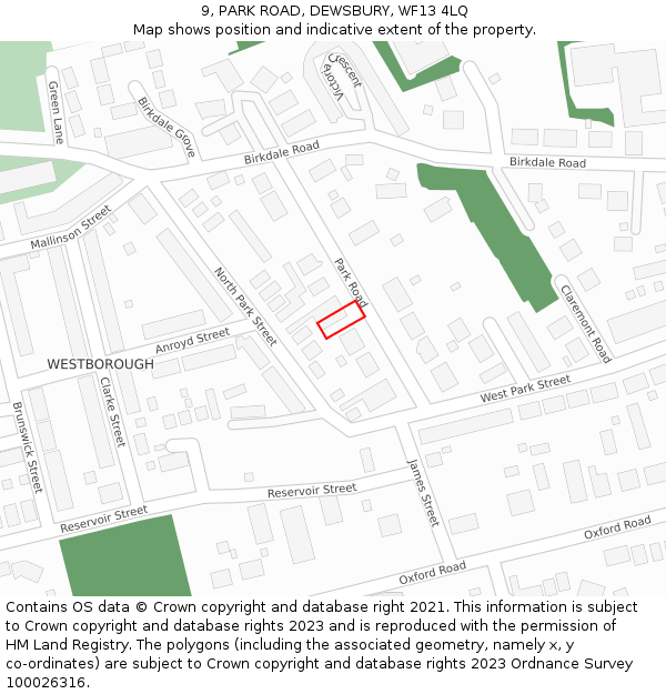 9, PARK ROAD, DEWSBURY, WF13 4LQ: Location map and indicative extent of plot