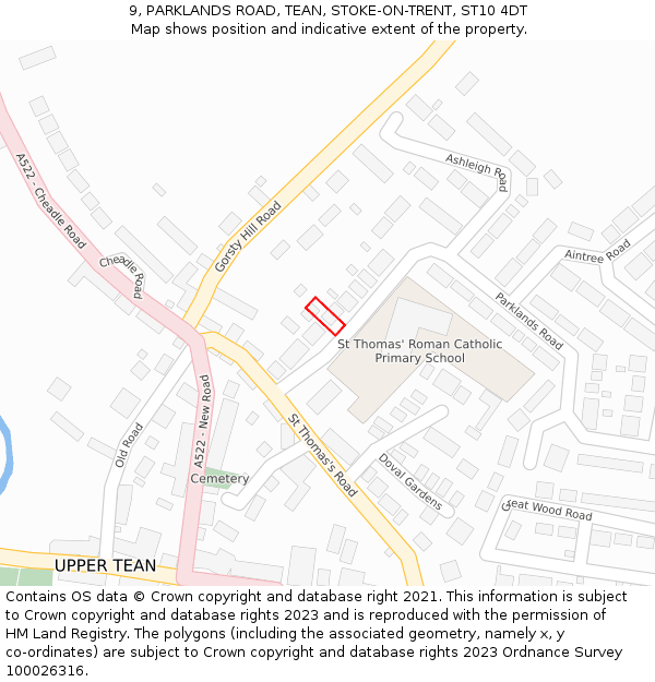 9, PARKLANDS ROAD, TEAN, STOKE-ON-TRENT, ST10 4DT: Location map and indicative extent of plot