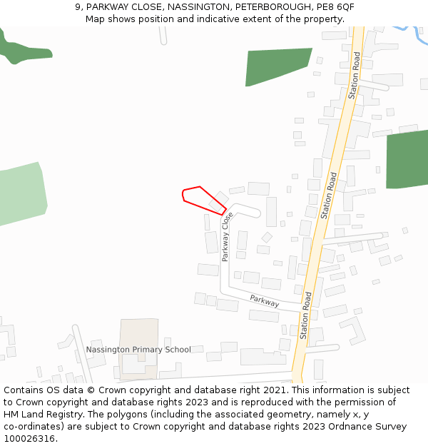 9, PARKWAY CLOSE, NASSINGTON, PETERBOROUGH, PE8 6QF: Location map and indicative extent of plot