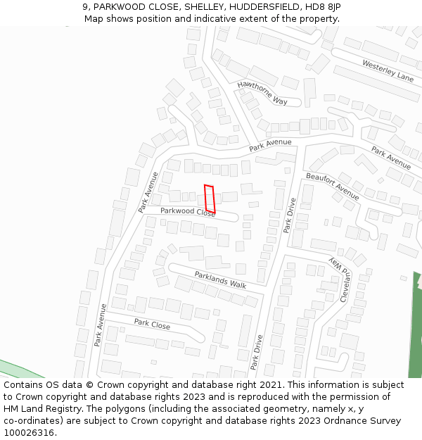 9, PARKWOOD CLOSE, SHELLEY, HUDDERSFIELD, HD8 8JP: Location map and indicative extent of plot