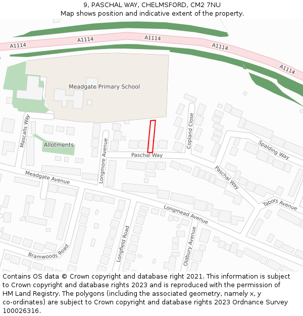 9, PASCHAL WAY, CHELMSFORD, CM2 7NU: Location map and indicative extent of plot