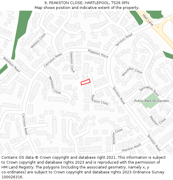 9, PEAKSTON CLOSE, HARTLEPOOL, TS26 0PN: Location map and indicative extent of plot