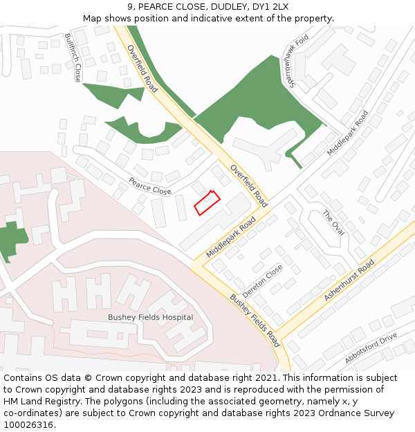 9, PEARCE CLOSE, DUDLEY, DY1 2LX: Location map and indicative extent of plot