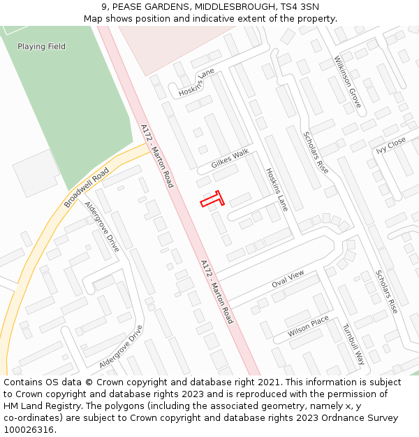 9, PEASE GARDENS, MIDDLESBROUGH, TS4 3SN: Location map and indicative extent of plot