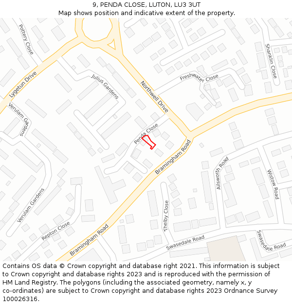 9, PENDA CLOSE, LUTON, LU3 3UT: Location map and indicative extent of plot
