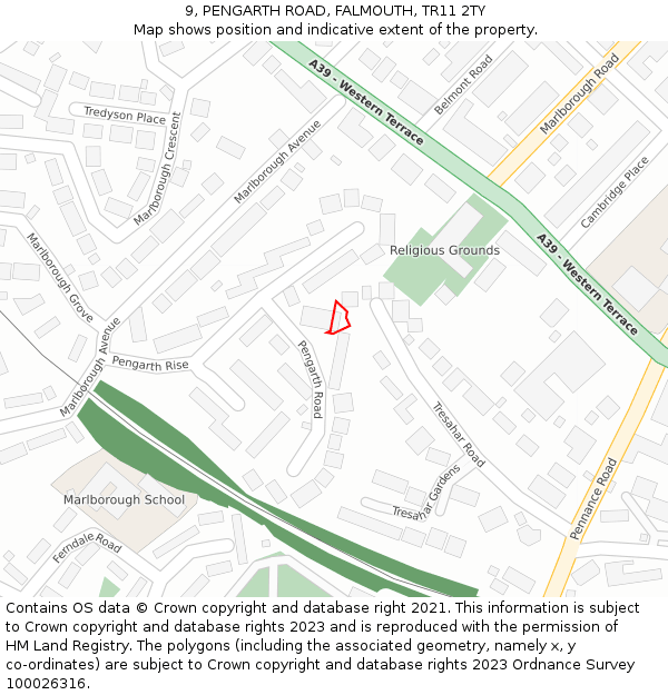 9, PENGARTH ROAD, FALMOUTH, TR11 2TY: Location map and indicative extent of plot