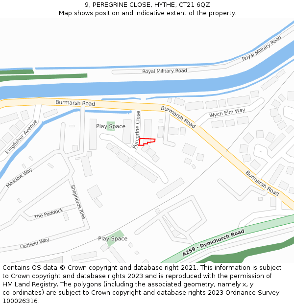 9, PEREGRINE CLOSE, HYTHE, CT21 6QZ: Location map and indicative extent of plot