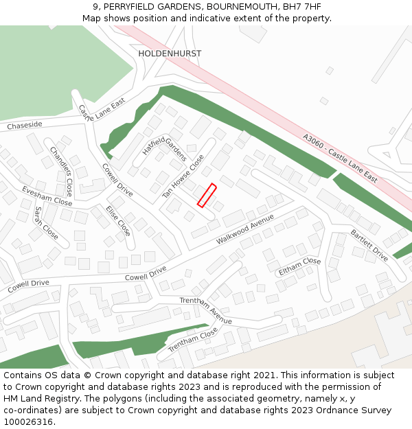 9, PERRYFIELD GARDENS, BOURNEMOUTH, BH7 7HF: Location map and indicative extent of plot