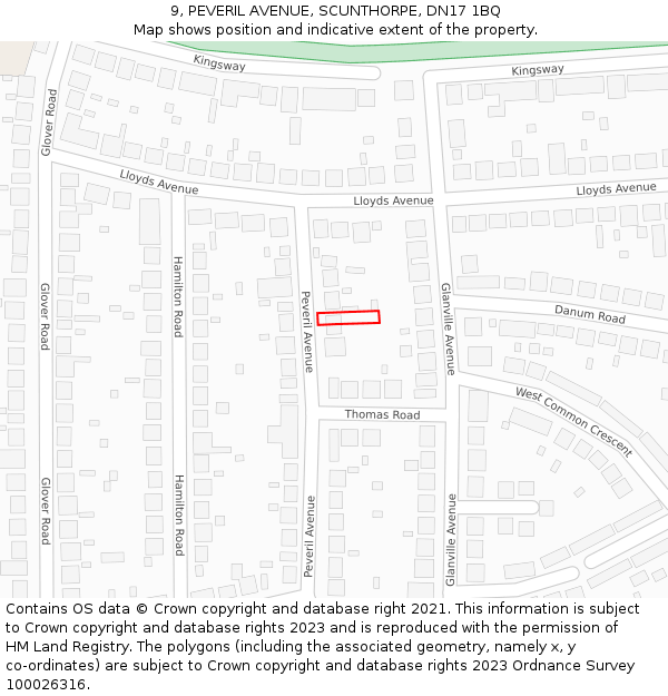9, PEVERIL AVENUE, SCUNTHORPE, DN17 1BQ: Location map and indicative extent of plot