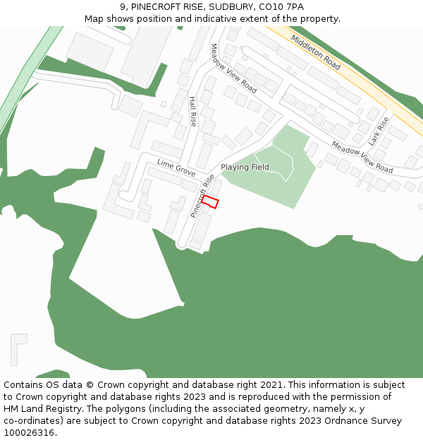 9, PINECROFT RISE, SUDBURY, CO10 7PA: Location map and indicative extent of plot