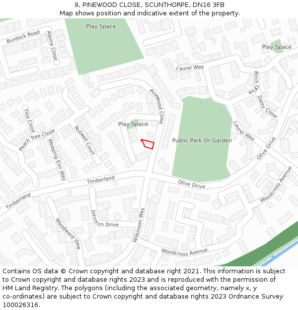 9, PINEWOOD CLOSE, SCUNTHORPE, DN16 3FB: Location map and indicative extent of plot