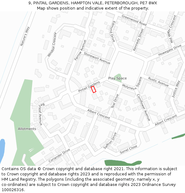 9, PINTAIL GARDENS, HAMPTON VALE, PETERBOROUGH, PE7 8WX: Location map and indicative extent of plot