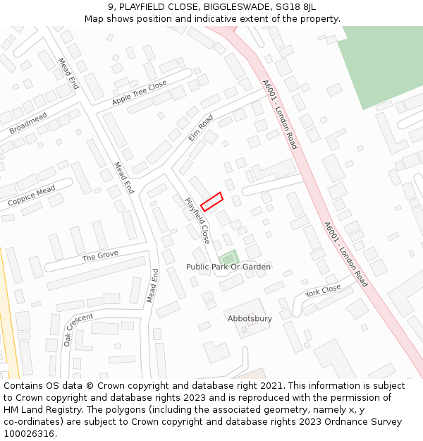 9, PLAYFIELD CLOSE, BIGGLESWADE, SG18 8JL: Location map and indicative extent of plot