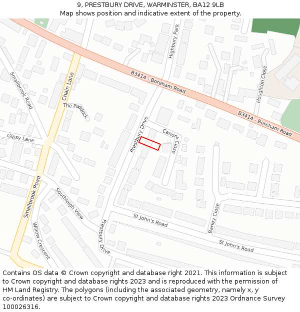 9, PRESTBURY DRIVE, WARMINSTER, BA12 9LB: Location map and indicative extent of plot