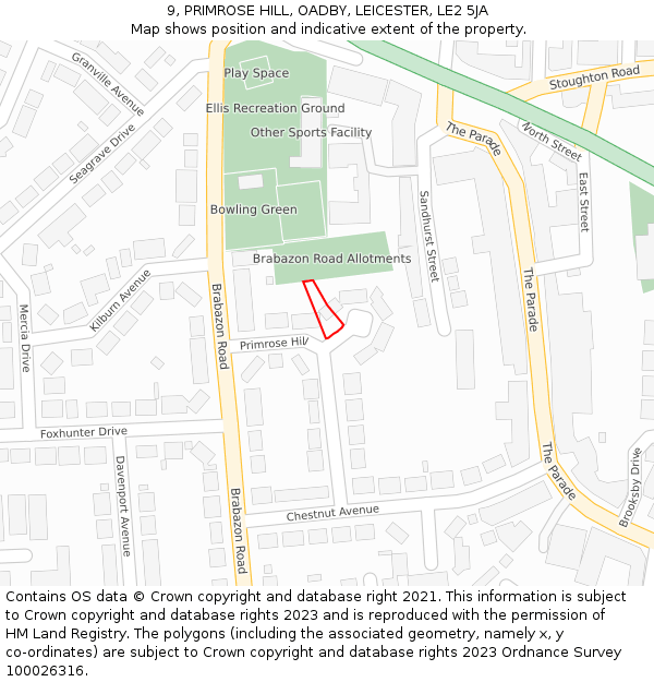 9, PRIMROSE HILL, OADBY, LEICESTER, LE2 5JA: Location map and indicative extent of plot