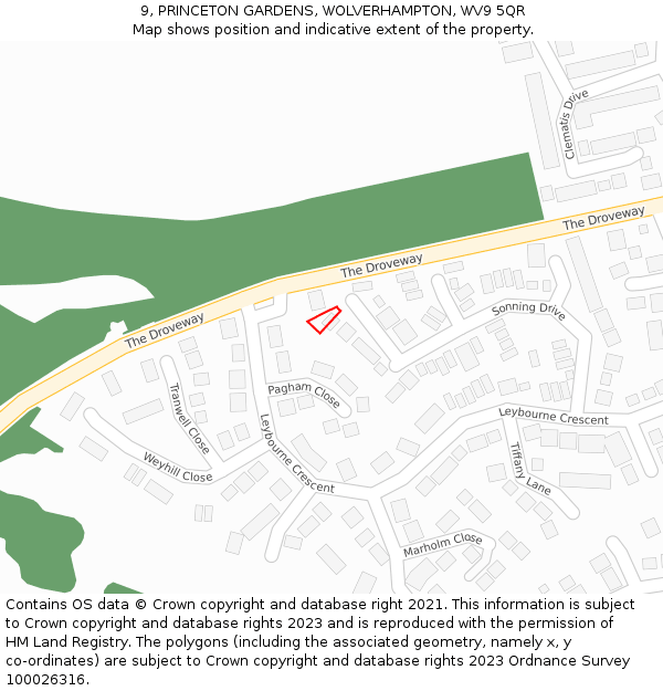 9, PRINCETON GARDENS, WOLVERHAMPTON, WV9 5QR: Location map and indicative extent of plot