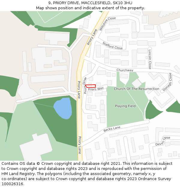 9, PRIORY DRIVE, MACCLESFIELD, SK10 3HU: Location map and indicative extent of plot