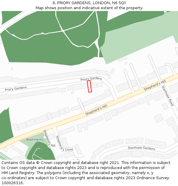 9, PRIORY GARDENS, LONDON, N6 5QY: Location map and indicative extent of plot