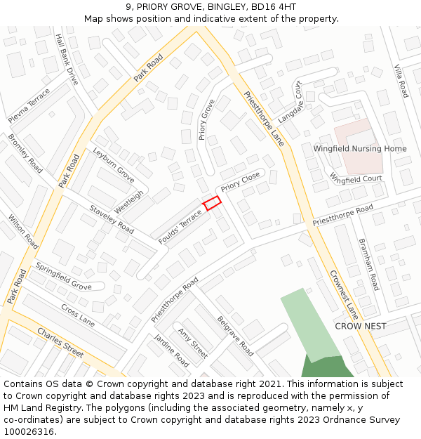 9, PRIORY GROVE, BINGLEY, BD16 4HT: Location map and indicative extent of plot