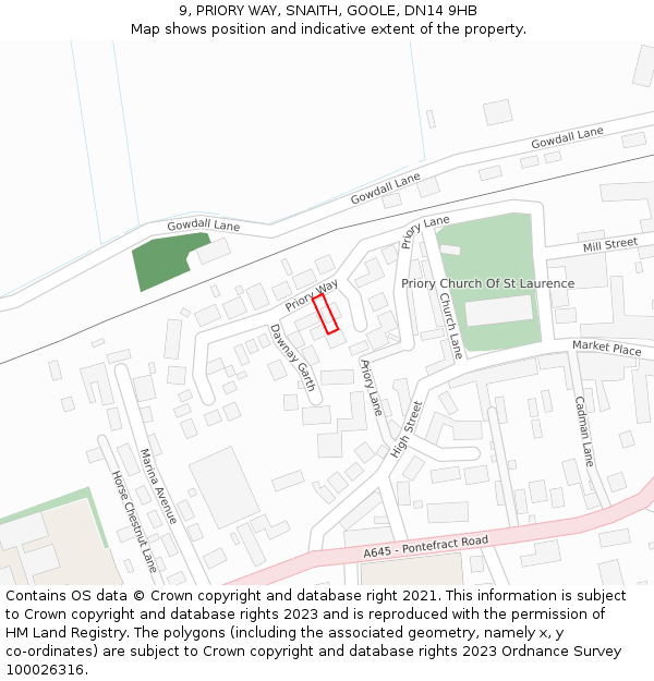 9, PRIORY WAY, SNAITH, GOOLE, DN14 9HB: Location map and indicative extent of plot