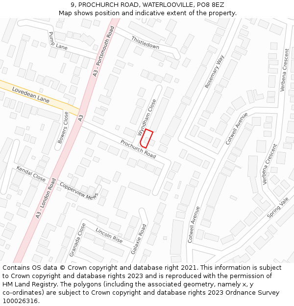 9, PROCHURCH ROAD, WATERLOOVILLE, PO8 8EZ: Location map and indicative extent of plot