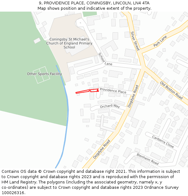 9, PROVIDENCE PLACE, CONINGSBY, LINCOLN, LN4 4TA: Location map and indicative extent of plot