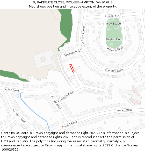 9, RAKEGATE CLOSE, WOLVERHAMPTON, WV10 6US: Location map and indicative extent of plot