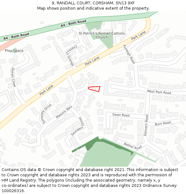 9, RANDALL COURT, CORSHAM, SN13 9XF: Location map and indicative extent of plot