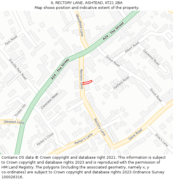 9, RECTORY LANE, ASHTEAD, KT21 2BA: Location map and indicative extent of plot