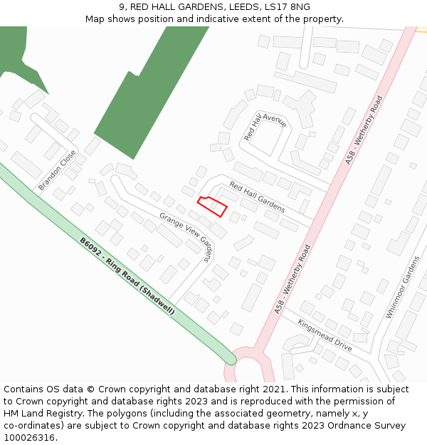 9, RED HALL GARDENS, LEEDS, LS17 8NG: Location map and indicative extent of plot