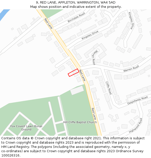 9, RED LANE, APPLETON, WARRINGTON, WA4 5AD: Location map and indicative extent of plot