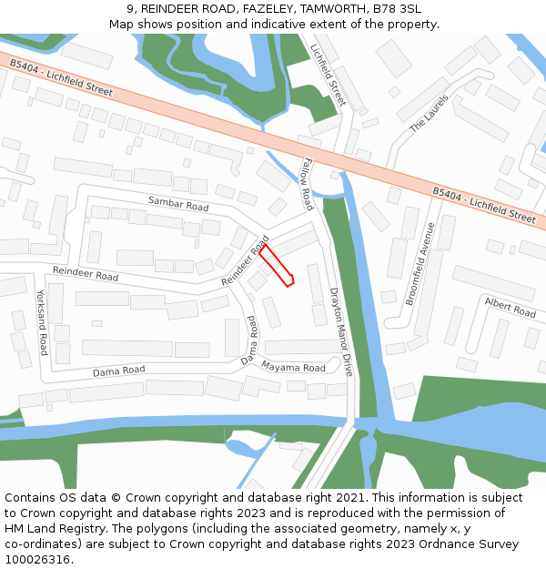 9, REINDEER ROAD, FAZELEY, TAMWORTH, B78 3SL: Location map and indicative extent of plot