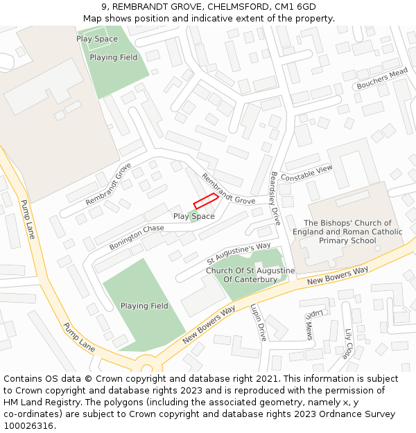 9, REMBRANDT GROVE, CHELMSFORD, CM1 6GD: Location map and indicative extent of plot