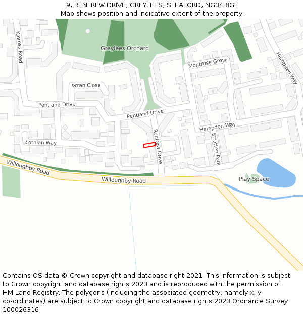 9, RENFREW DRIVE, GREYLEES, SLEAFORD, NG34 8GE: Location map and indicative extent of plot