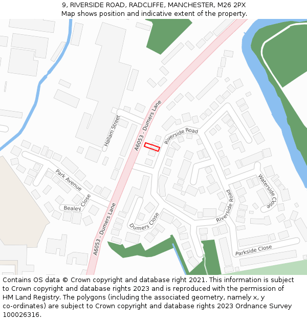 9, RIVERSIDE ROAD, RADCLIFFE, MANCHESTER, M26 2PX: Location map and indicative extent of plot