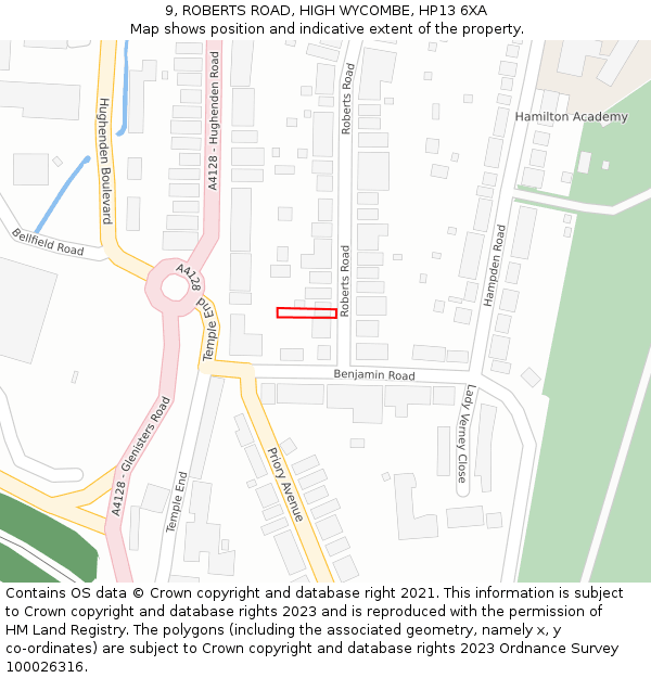 9, ROBERTS ROAD, HIGH WYCOMBE, HP13 6XA: Location map and indicative extent of plot