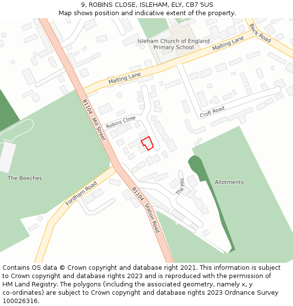 9, ROBINS CLOSE, ISLEHAM, ELY, CB7 5US: Location map and indicative extent of plot