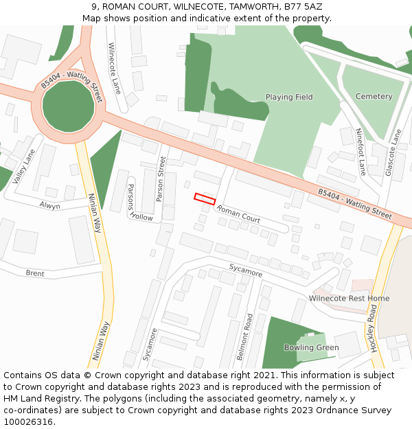 9, ROMAN COURT, WILNECOTE, TAMWORTH, B77 5AZ: Location map and indicative extent of plot