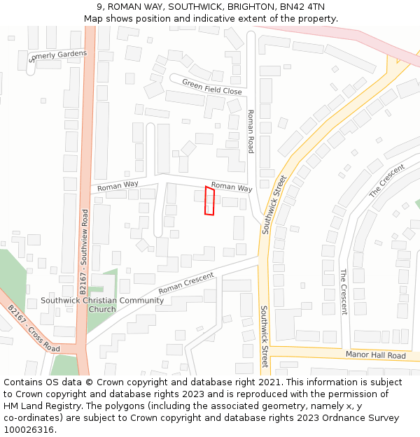9, ROMAN WAY, SOUTHWICK, BRIGHTON, BN42 4TN: Location map and indicative extent of plot