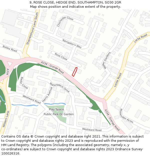 9, ROSE CLOSE, HEDGE END, SOUTHAMPTON, SO30 2GR: Location map and indicative extent of plot