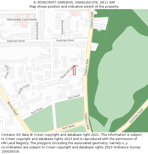 9, ROSECROFT GARDENS, SWADLINCOTE, DE11 9AF: Location map and indicative extent of plot