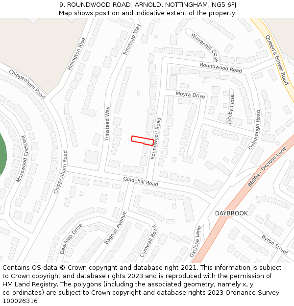9, ROUNDWOOD ROAD, ARNOLD, NOTTINGHAM, NG5 6FJ: Location map and indicative extent of plot
