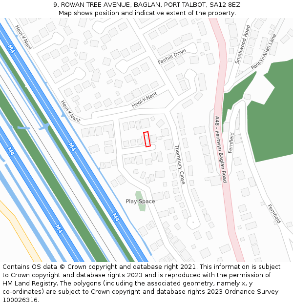 9, ROWAN TREE AVENUE, BAGLAN, PORT TALBOT, SA12 8EZ: Location map and indicative extent of plot