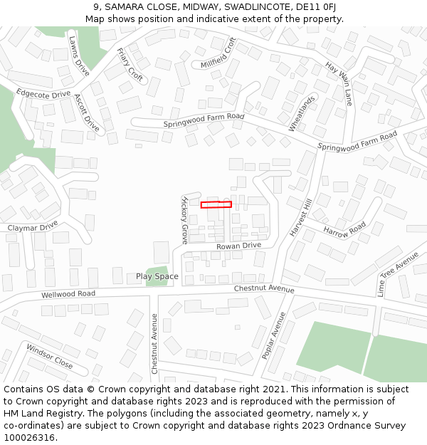 9, SAMARA CLOSE, MIDWAY, SWADLINCOTE, DE11 0FJ: Location map and indicative extent of plot