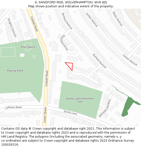 9, SANDFORD RISE, WOLVERHAMPTON, WV6 9JQ: Location map and indicative extent of plot
