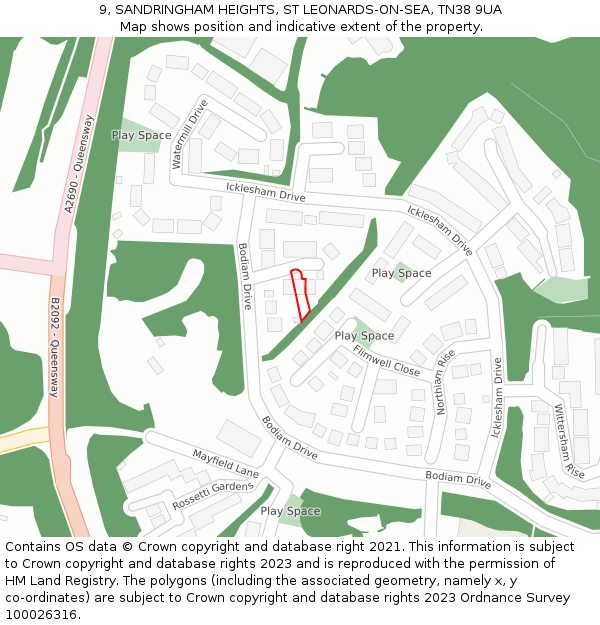 9, SANDRINGHAM HEIGHTS, ST LEONARDS-ON-SEA, TN38 9UA: Location map and indicative extent of plot