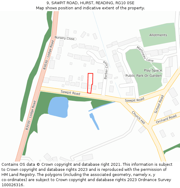 9, SAWPIT ROAD, HURST, READING, RG10 0SE: Location map and indicative extent of plot