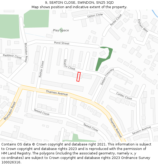 9, SEATON CLOSE, SWINDON, SN25 3QD: Location map and indicative extent of plot