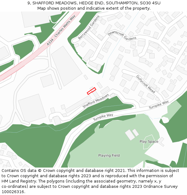 9, SHAFFORD MEADOWS, HEDGE END, SOUTHAMPTON, SO30 4SU: Location map and indicative extent of plot
